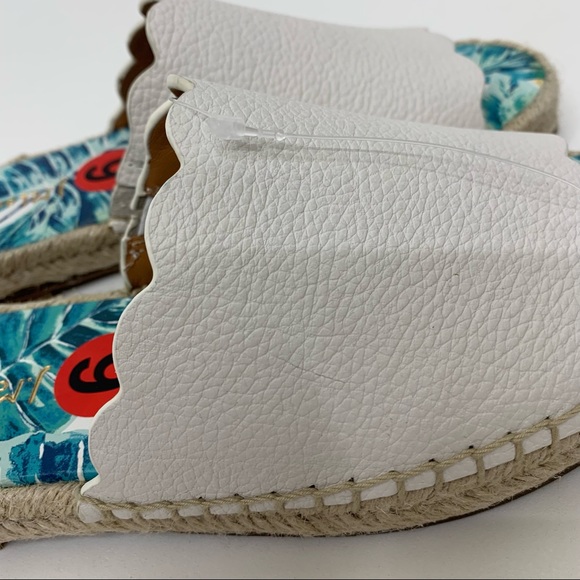 J. McLaughlin White Scalloped Pebbled Leather Tropical Espadrille Slide Sandals - Picture 10 of 11